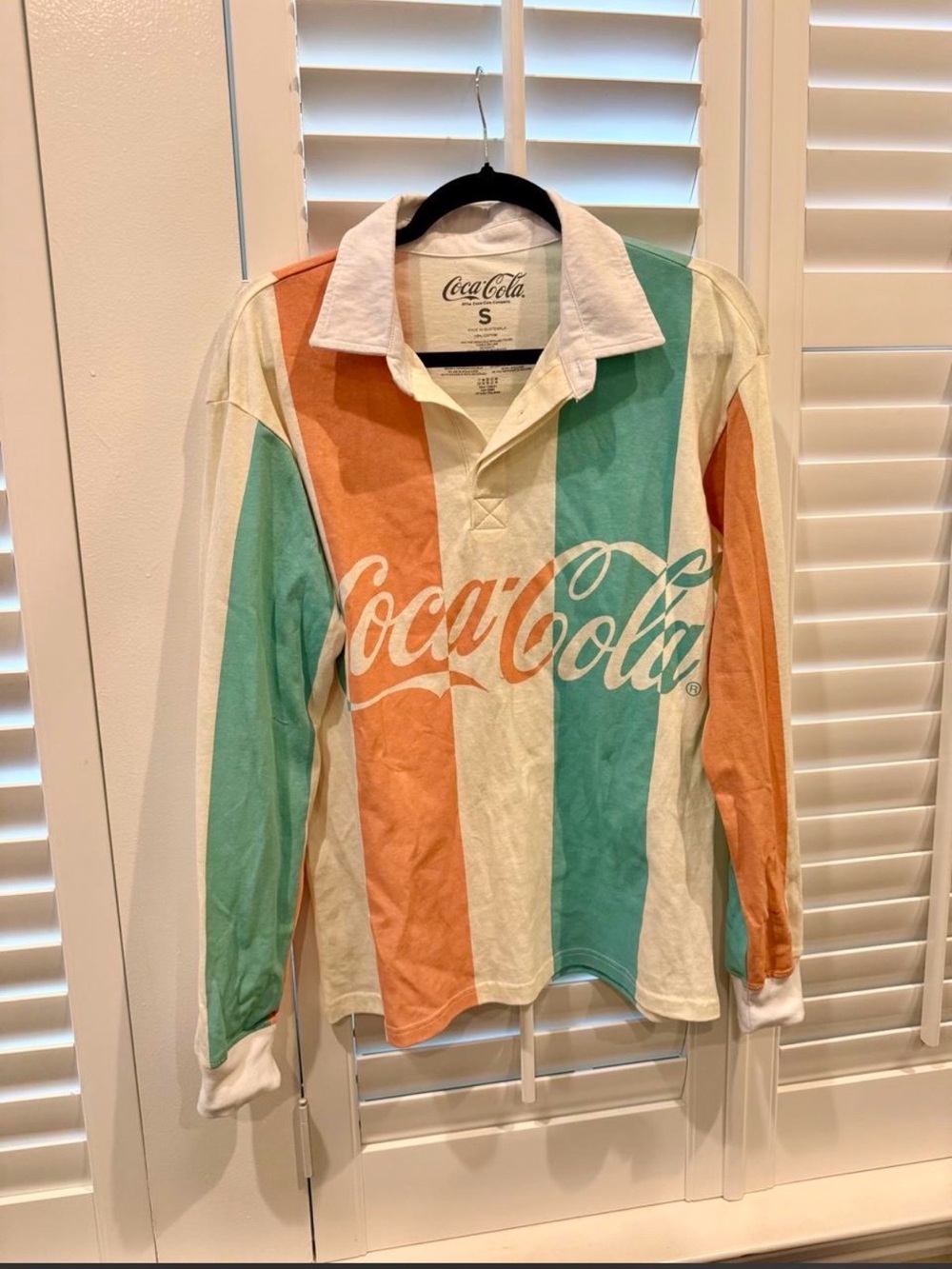 Urban Outfitters Wonens Coca Cola Striped Rugby Polo in Teal, Coral & Cream